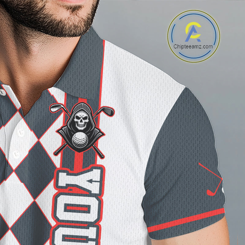 Close-up of a sports jersey with a skull and golf club design on a gray background