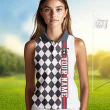 Load image into Gallery viewer, Woman wearing a checkered sleeveless polo shirt on a golf course