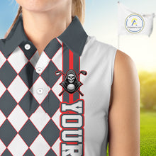Load image into Gallery viewer, Person wearing a sleeveless checkered shirt with a skull and crossbones design on a blurred golf course background.