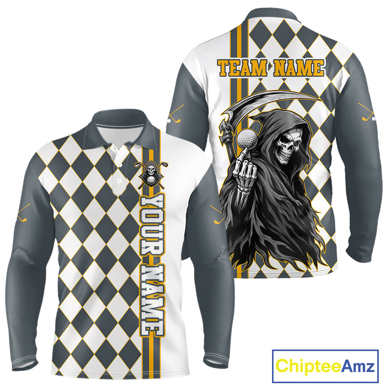 Long-sleeve shirt with a grim reaper design and checkered pattern, featuring 'Your Name' and 'Team Name' text on a white background.