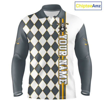Long-sleeve shirt with argyle pattern and branding on a white background