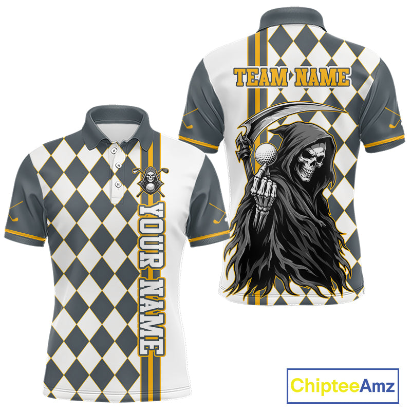 Personalized Skeleton Golf Polo Shirt For Mens - Funny Grim Reaper Golf Team Polo|Yellow 