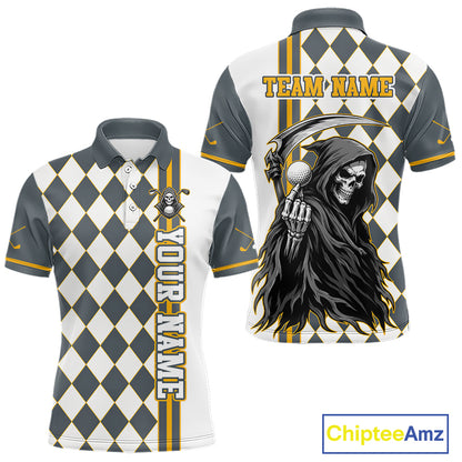Personalized Skeleton Golf Polo Shirt For Mens - Funny Grim Reaper Golf Team Polo|Yellow 