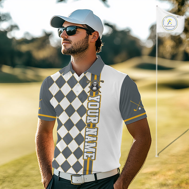 Man wearing a custom golf shirt with 'Your Name' on a golf course