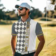 Load image into Gallery viewer, Man wearing a custom golf shirt with 'Your Name' on a golf course