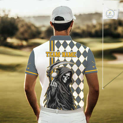 Man wearing a golf shirt with a graphic design and 'Team Name' text on a golf course.