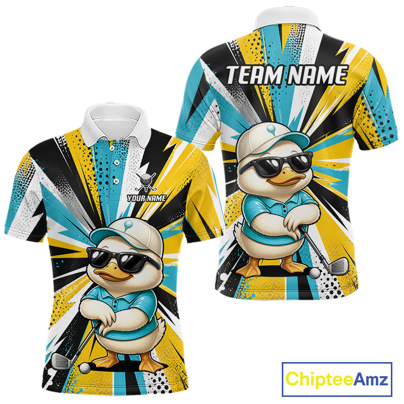 Custom short-sleeve polo shirt shown from front and back on a white background, featuring a cartoon duck wearing sunglasses and a cap over a yellow, black, and teal abstract design. The front has a button placket and the back has 'TEAM NAME' text at the collar.