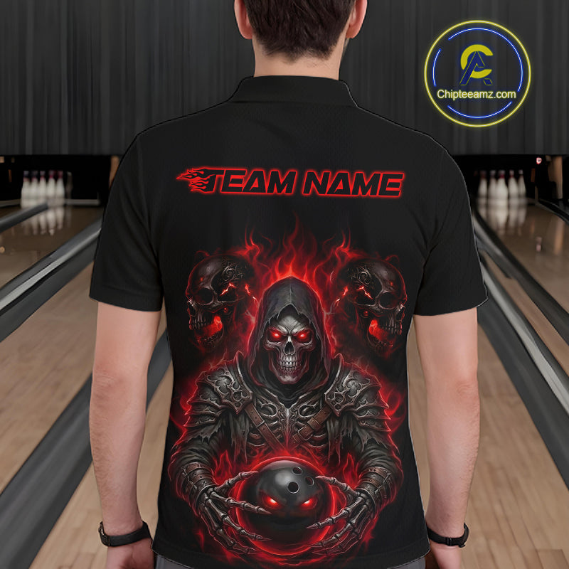 A man viewed from behind wearing a black short-sleeve polo shirt with a large red and black graphic design on the back, featuring a hooded skull figure holding a bowling ball with the text 'TEAM NAME' above it. Bowling lanes are visible in the background, and a circular 'Chipteeamz.