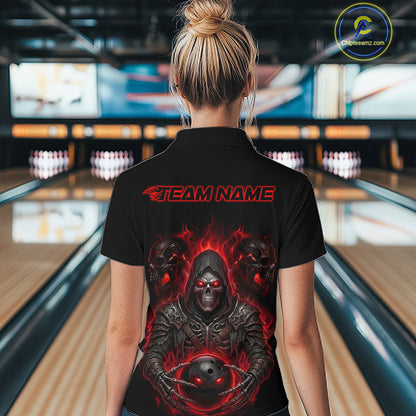 Personalized Women Bowling Jersey Custom Name Team Name Grim Reaper Skull Bowling Polo Shirt Gift NHT1316