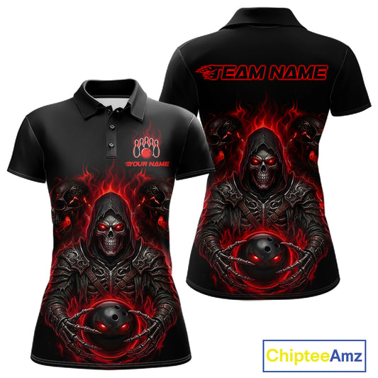 Black short-sleeve polo shirt shown from the front and back, featuring a large red and black hooded skull graphic with glowing red eyes and flame effects, plus customizable text areas on the chest and back. A ChipteeAmz logo appears in the bottom right corner.