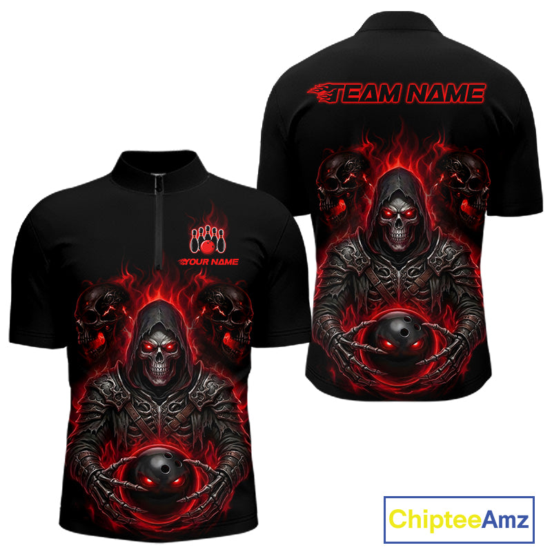 Black short-sleeve zip-up shirt shown from front and back with a large red and black ghostly skull graphic and customizable text areas, on a white background with a ChipteeAmz watermark.