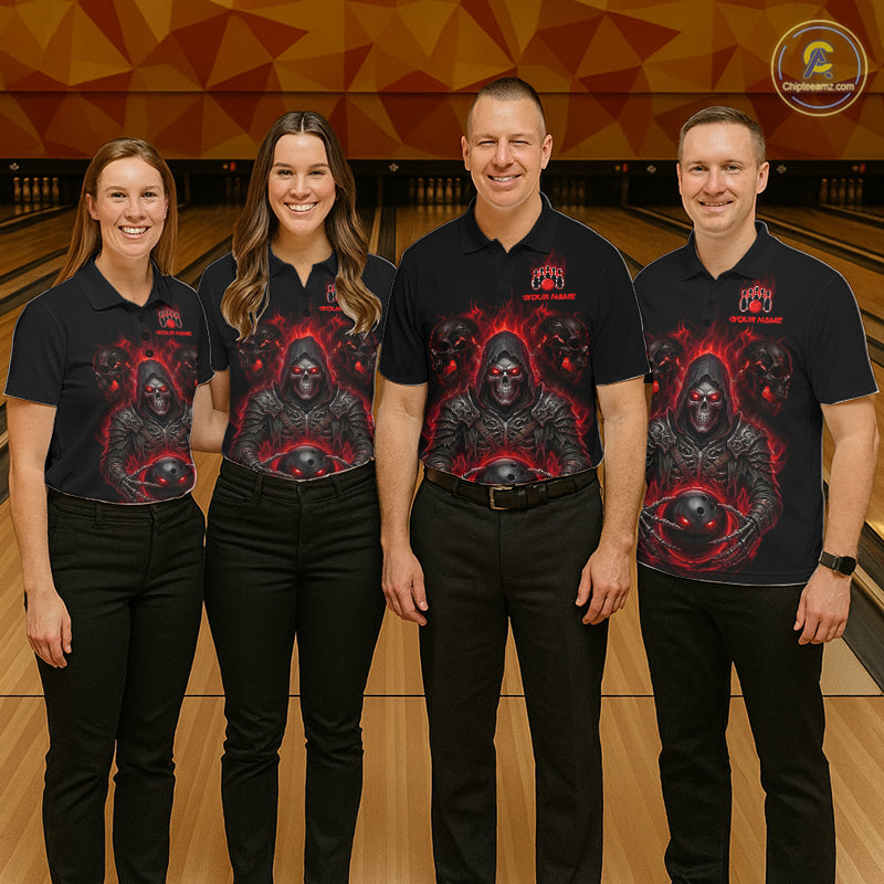Personalized Women Bowling Jersey Custom Name Team Name Grim Reaper Skull Bowling Polo Shirt Gift NHT1316