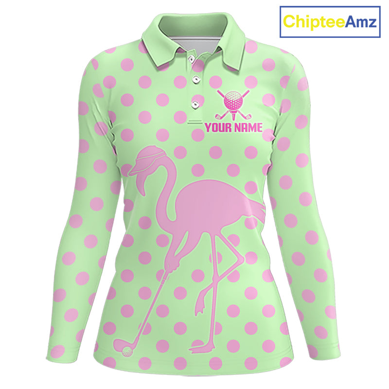 Women's Flamingo Golf Polo Shirt – Personalized Pink Flamingo Golf Jersey With Custom Name|Green NHT1016