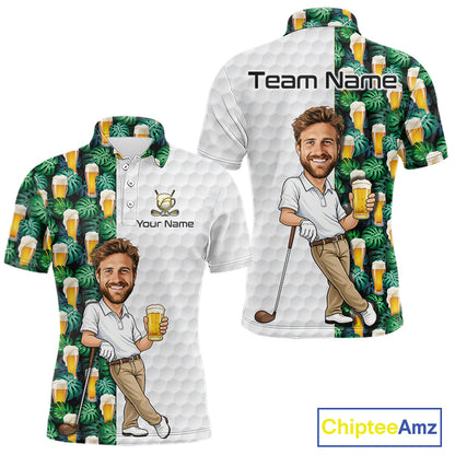 Personalized polo shirt shown from front and back on a white background. The shirt has a split design: one half is white with a golf ball texture and placeholder text 'Team Name' and 'Your Name', while the other half features a green tropical leaf pattern with repeating beer glasses.
