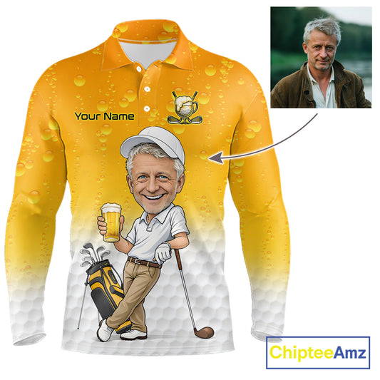 Personalized Beer Style Funny Mens Golf Polo Shirt Gift For Father Day – Custom Face Portrait Cartoon Design NHT666