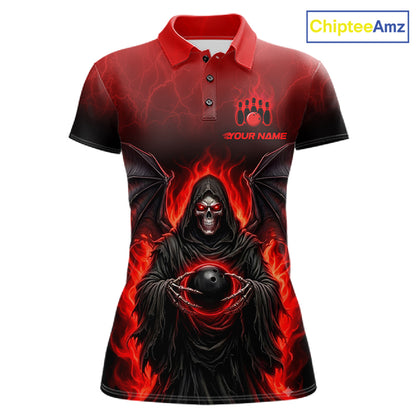 A short-sleeve polo shirt with a dark gothic graphic of a hooded grim reaper holding a black bowling ball, surrounded by red flames. The shirt features a red collar and red lightning graphics on the upper chest, with a placeholder logo and text on the left chest.