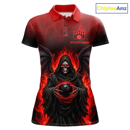 A short-sleeve polo shirt with a dark gothic graphic of a hooded grim reaper holding a black bowling ball, surrounded by red flames. The shirt features a red collar and red lightning graphics on the upper chest, with a placeholder logo and text on the left chest.
