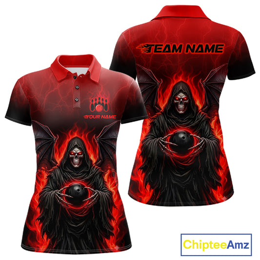 Custom short-sleeve polo shirt shown from the front and back, featuring a red and black flame gradient with a grim reaper graphic holding a soccer ball, with placeholder text 'TEAM NAME' and 'YOUR NAME'.