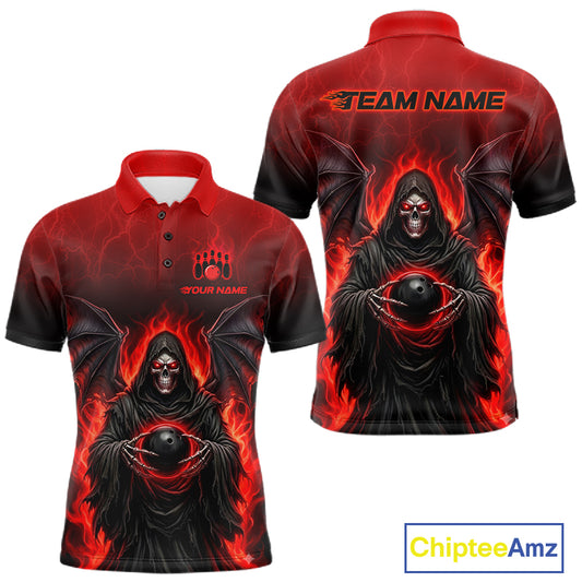 Custom short-sleeve polo shirt shown from the front and back, featuring a dark grim reaper design with red flames, black wings, and a skull face. The front has a red collar and 'YOUR NAME' text, while the back has 'TEAM NAME' text.