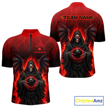 A short-sleeve quarter-zip cycling jersey with a red and black gradient background, featuring a detailed graphic of a hooded grim reaper with bat wings holding a black bowling ball, surrounded by red flames. The chest has a placeholder logo and the text 'YOUR NAME'.