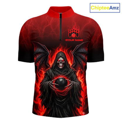 A short-sleeve quarter-zip cycling jersey with a red and black gradient background, featuring a detailed graphic of a hooded grim reaper with bat wings holding a black bowling ball, surrounded by red flames. The chest has a placeholder logo and the text 'YOUR NAME'.