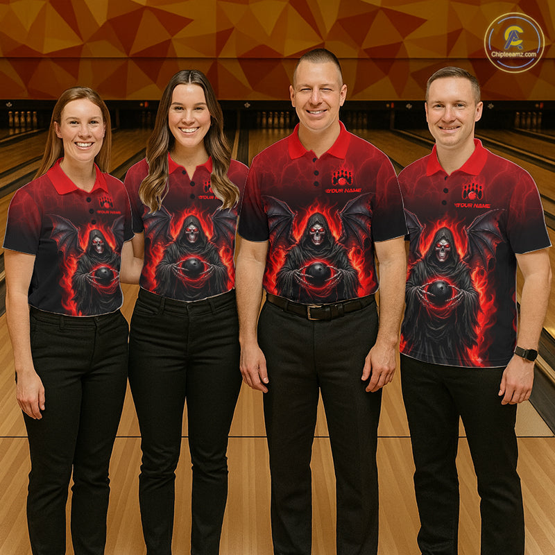 Four people standing in a bowling alley wearing matching red and black short-sleeve polo shirts with a dark hooded figure and flame graphic on the front. The shirts have small red text on the chest, and the background shows bowling lanes and a geometric wall