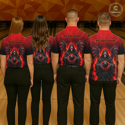 Four people standing with their backs to the camera in a bowling alley, wearing matching red and black short-sleeve bowling shirts with a fiery grim reaper graphic and 'TEAM NAME' printed across the shoulders.