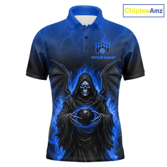 A short-sleeve polo shirt with a blue and black graphic print of a hooded grim reaper surrounded by blue flames, featuring a customizable chest logo area and a 'ChipteeAmz' watermark in the top right corner.