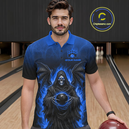 Personalized Grim Reaper Men Bowling Polo Shirt, Custom Team Name 1/4 Zip Bowling Jersey|Blue NHT1321