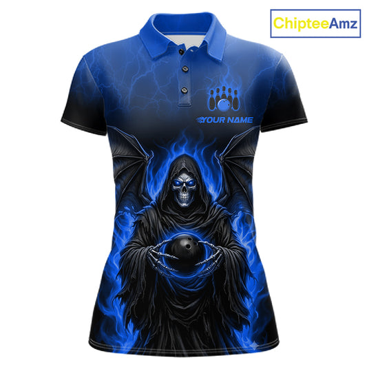 A short-sleeve polo shirt with a dark blue and black gradient, featuring a graphic of a hooded grim reaper surrounded by glowing blue flames and holding a bowling ball. The shirt has a blue collar, a three-button placket, and a customizable chest design with a bowling pin icon and the text 'YOUR NAME'.