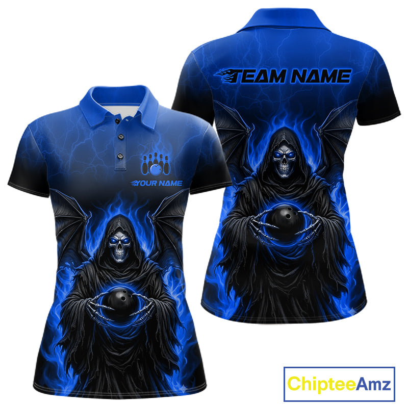 Custom short-sleeve polo shirt with a dark blue and black grim reaper graphic surrounded by blue flames, shown from both front and back views. The front features a custom bowling pin logo and 'YOUR NAME' text, and the back displays 'TEAM NAME'.