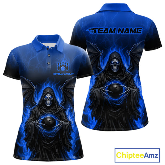 Custom short-sleeve polo shirt with a dark blue and black grim reaper graphic surrounded by blue flames, shown from both front and back views. The front features a custom bowling pin logo and 'YOUR NAME' text, and the back displays 'TEAM NAME'.