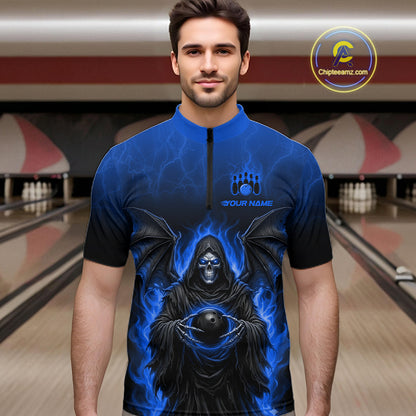 Personalized Grim Reaper Men Bowling Polo Shirt, Custom Team Name 1/4 Zip Bowling Jersey|Blue NHT1321