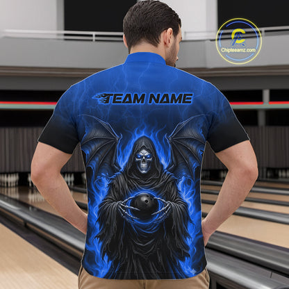 Personalized Grim Reaper Men Bowling Polo Shirt, Custom Team Name 1/4 Zip Bowling Jersey|Blue NHT1321