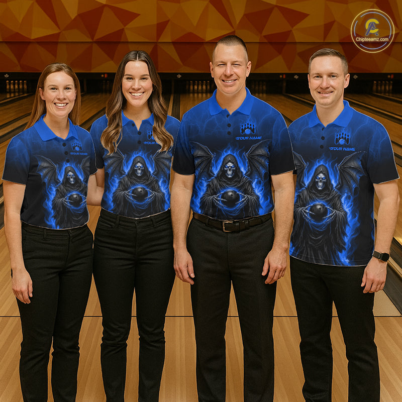 Personalized Grim Reaper Women Bowling Polo Shirt, Custom Team Name 1/4 Zip Bowling Jersey|Blue NHT1321
