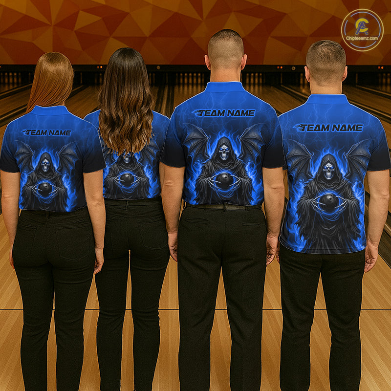Personalized Grim Reaper Women Bowling Polo Shirt, Custom Team Name 1/4 Zip Bowling Jersey|Blue NHT1321