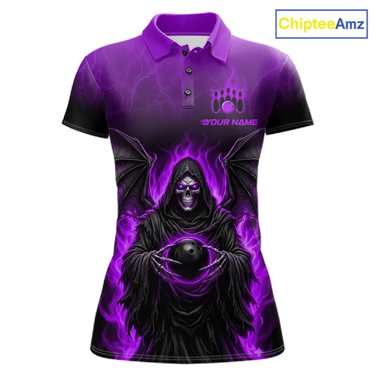 A short-sleeve polo shirt with a gothic grim reaper design, featuring a black and purple hooded figure holding a bowling ball with purple flames and lightning effects. The shirt has a purple collar and a 'YOUR NAME' bowling pin graphic on the left chest, shown on a plain white background with a 'ChipteeAmz' logo in the top right corner.