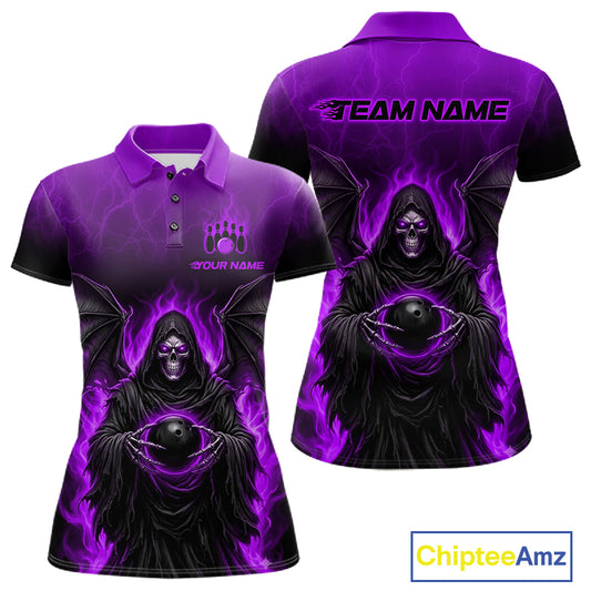 A short-sleeve polo shirt shown from the front and back on a white background. The shirt features a dark purple and black gradient with a graphic of a hooded grim reaper surrounded by purple flames, holding a black ball.