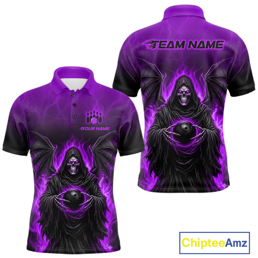 A short-sleeve polo shirt shown from both front and back on a white background. The shirt features a dark grim reaper graphic with purple flames and black wings, with customizable text placeholders 'TEAM NAME' on the back and 'YOUR NAME' on the front.