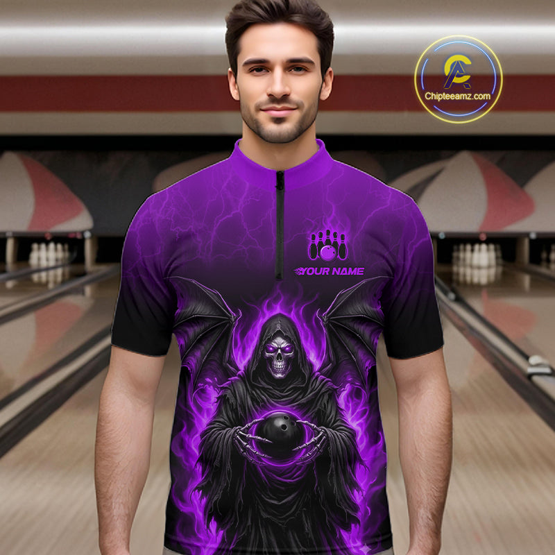 Personalized Grim Reaper Men Bowling Polo Shirt, Custom Team Name 1/4 Zip Bowling Jersey|Purple NHT1322