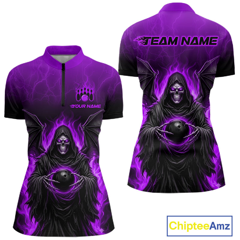 Front and back views of a purple and black short-sleeve cycling jersey featuring a grim reaper graphic holding a bowling ball, with 'TEAM NAME' and 'YOUR NAME' text on the back and chest.