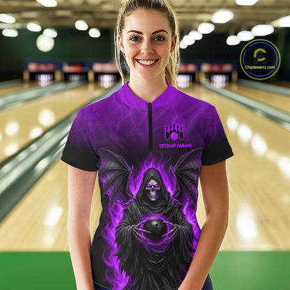 Personalized Grim Reaper Women Bowling Polo Shirt, Custom Team Name 1/4 Zip Bowling Jersey|Purple NHT1322