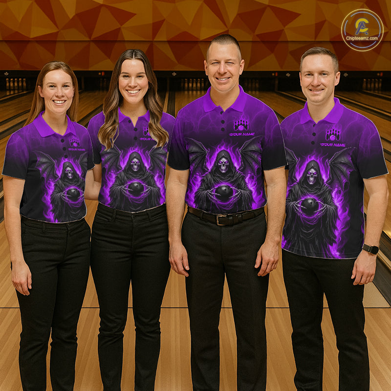 Personalized Grim Reaper Men Bowling Polo Shirt, Custom Team Name 1/4 Zip Bowling Jersey|Purple NHT1322