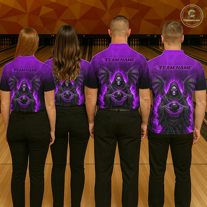 Personalized Grim Reaper Men Bowling Polo Shirt, Custom Team Name 1/4 Zip Bowling Jersey|Purple NHT1322