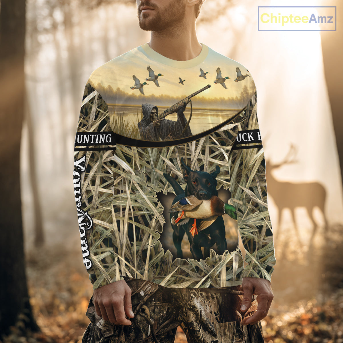 Duck Hunting 3D Waterfowl Camo Grim Reaper Black Labrador Retriever Shirt Hunting Gift NHT202