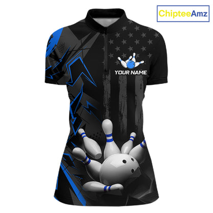 Custom Bowling Team Women Polo Shirt Quarter Zip 1/4 Personalized Name Performance Bowling Jersey|Blue NHT1331
