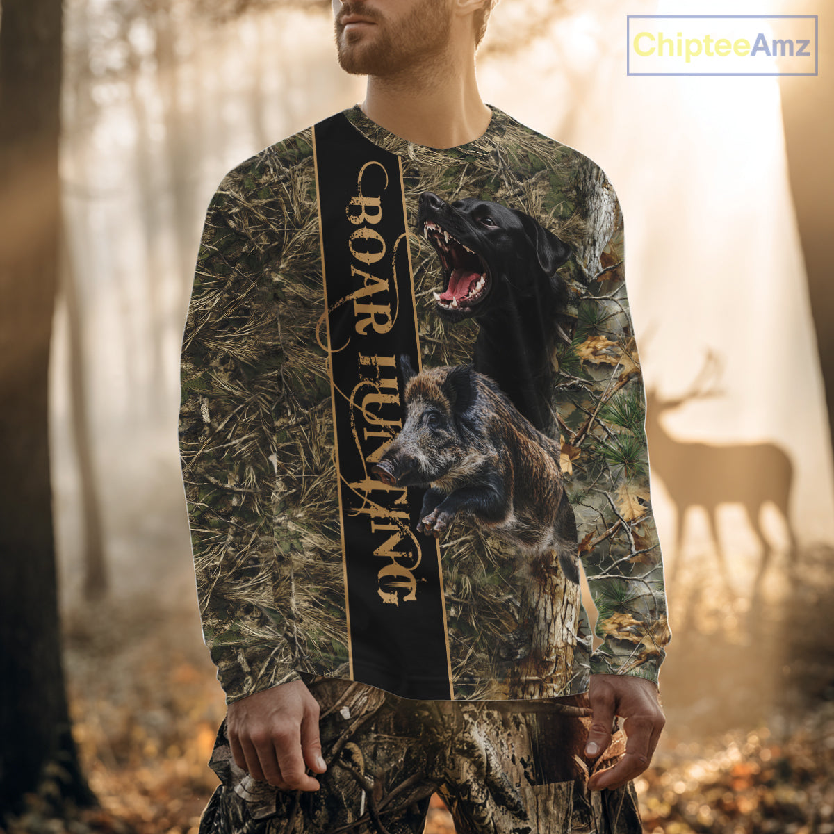 Wild Boar Hunting Shirt Forest Camo With Dog Custom Name Hunting Clothes Gifts for Hunter NHT111