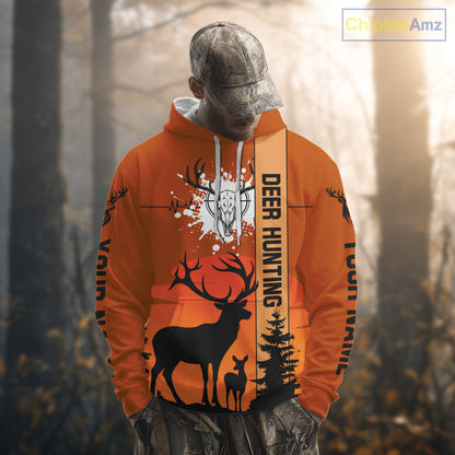 Custom Deer Hunting Shirt Orange 3D All Over Print with Deer Skull & Forest Silhouette NHT33