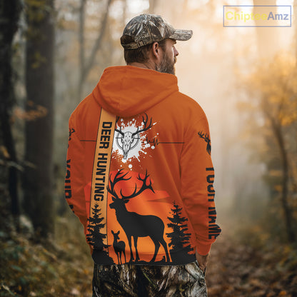 Custom Deer Hunting Shirt Orange 3D All Over Print with Deer Skull & Forest Silhouette NHT33
