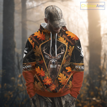Personalized Whitetail Deer Hunting 3D All Over Printed Hoodie Orange Autumn Leaves Camo NHT43